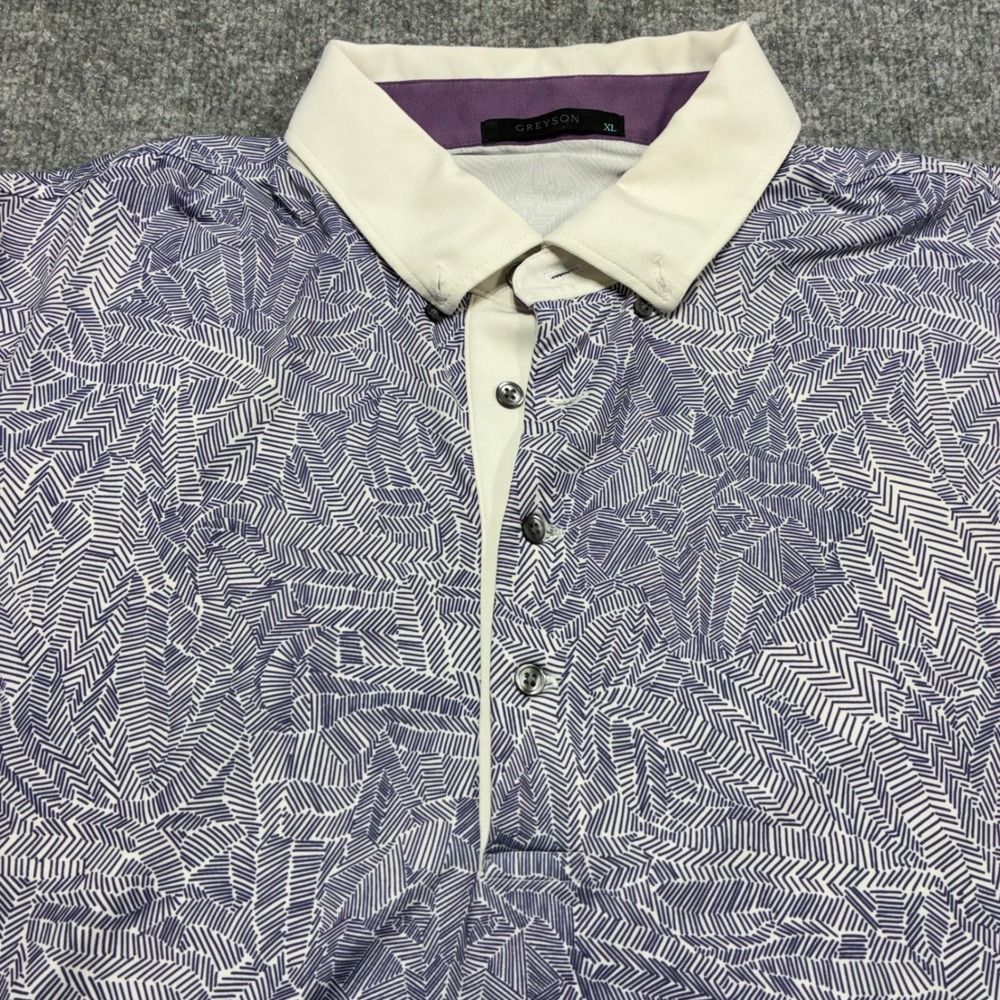 Greyson Mens XL Golf Polo Purple White Geometric Print Performance‎ Preppy